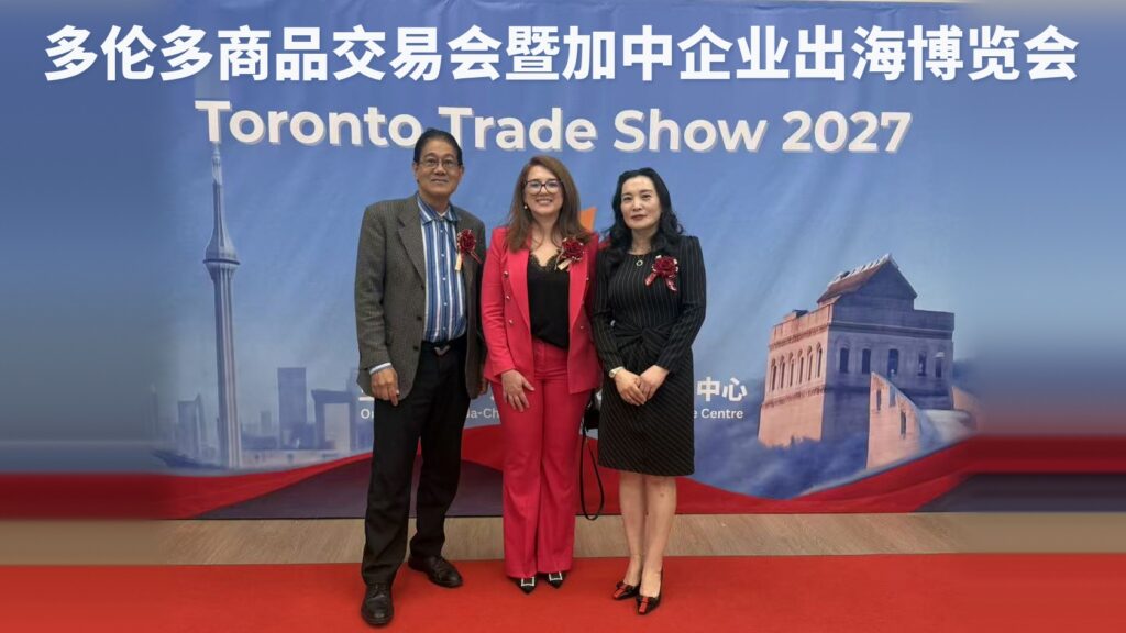Roger, Aliaa AlSafarjlani of the Toronto Region Board of Trade, and Lena Xu of CCEOSC at the Toronto Trade Show 2027 press conference